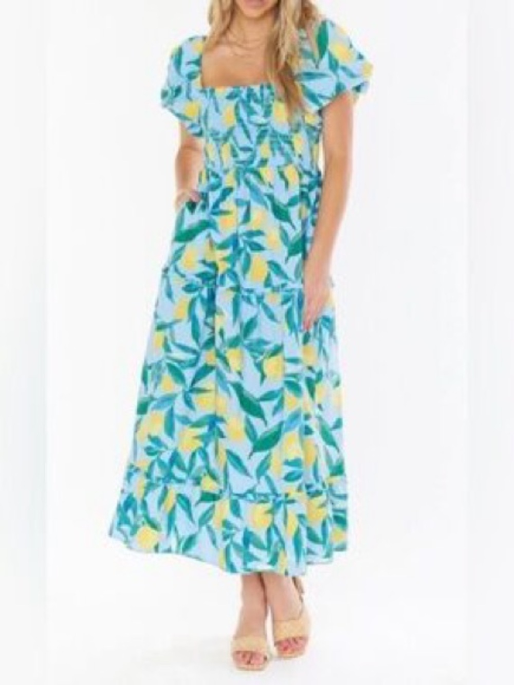 Show Me Your MuMu Aqua Blue Lemon-Print Midi Dress
